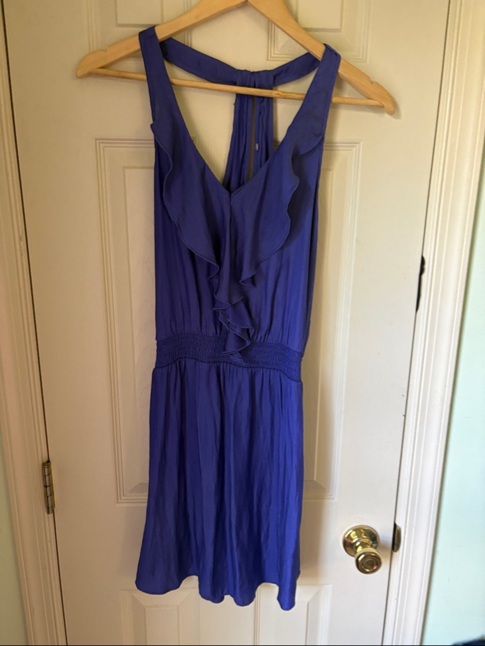 Royal Blue/Purple Ruffle Front Sleeveless Dress in Satin Material